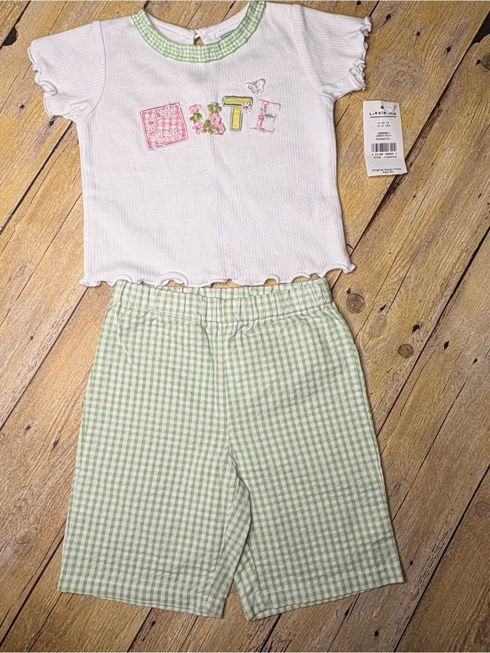Vintage Little Me White Ribbed Top with Green Gingham Trim